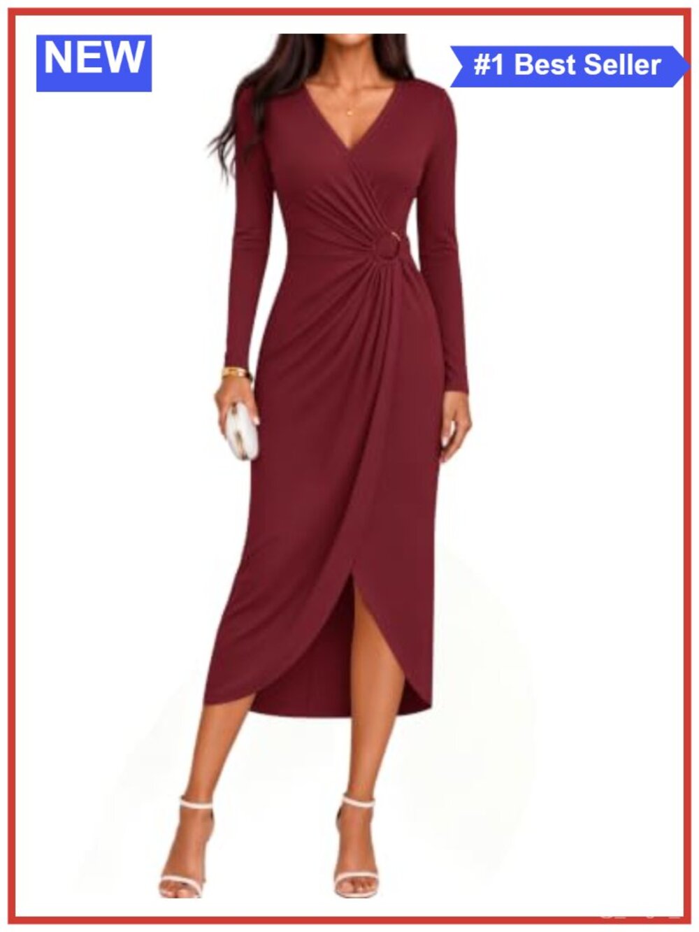 Women's Long Sleeve Wrap Bodycon Cocktail Party Dress Midi